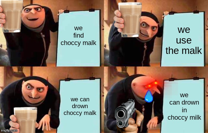 Gru's Plan | we find choccy malk; we use the malk; we can drown choccy malk; we can drown in choccy milk | image tagged in memes,gru's plan | made w/ Imgflip meme maker