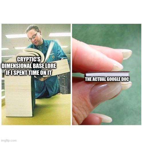Big book vs Little Book | CRYPTIC'S DIMENSIONAL BASE LORE IF I SPENT TIME ON IT; THE ACTUAL GOOGLE DOC | image tagged in big book vs little book | made w/ Imgflip meme maker