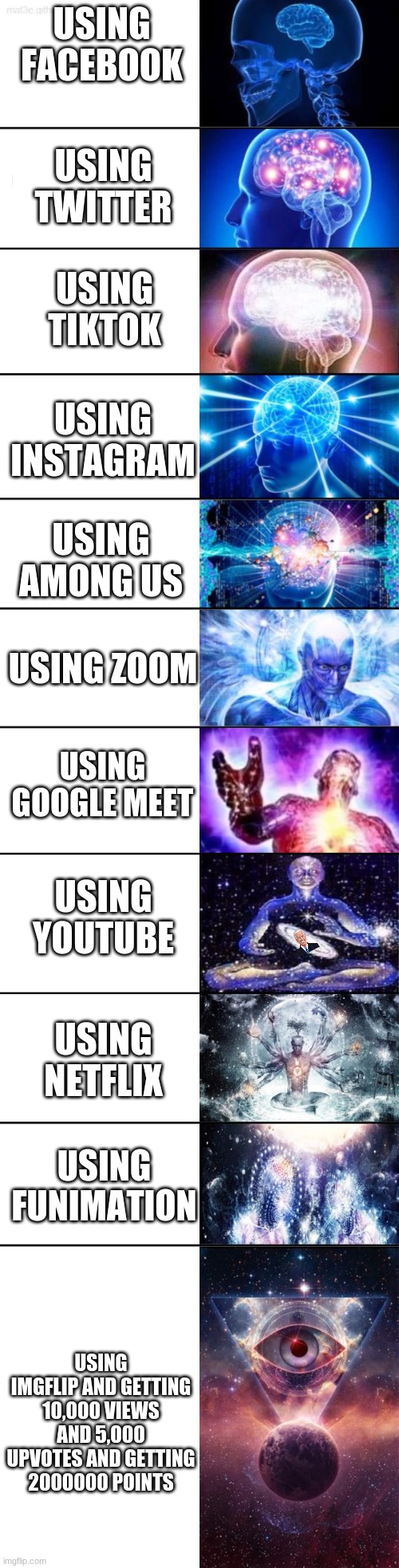 Extended Expanding Brain | USING FACEBOOK; USING TWITTER; USING TIKTOK; USING INSTAGRAM; USING AMONG US; USING ZOOM; USING GOOGLE MEET; USING YOUTUBE; USING NETFLIX; USING FUNIMATION; USING IMGFLIP AND GETTING 10,000 VIEWS AND 5,000 UPVOTES AND GETTING 2000000 POINTS | image tagged in extended expanding brain | made w/ Imgflip meme maker