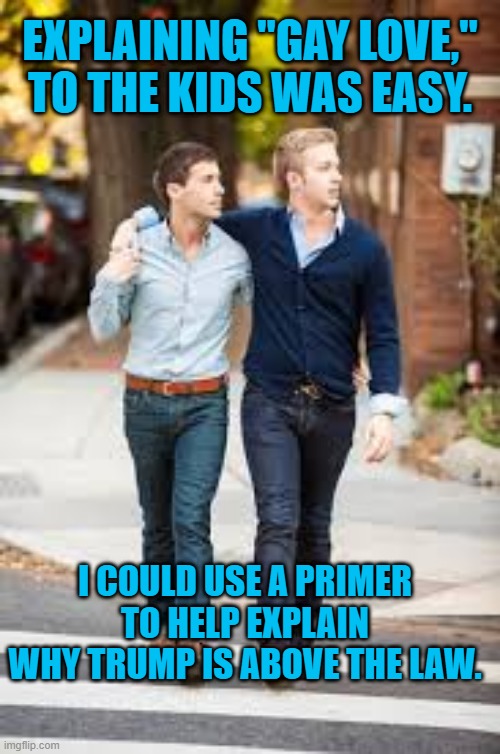 "Trump-Law" Is A Perversion! | EXPLAINING "GAY LOVE," TO THE KIDS WAS EASY. I COULD USE A PRIMER TO HELP EXPLAIN WHY TRUMP IS ABOVE THE LAW. | image tagged in politics | made w/ Imgflip meme maker