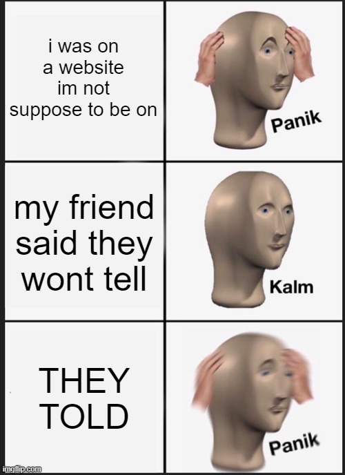 idk | i was on a website im not suppose to be on; my friend said they wont tell; THEY TOLD | image tagged in memes,panik kalm panik | made w/ Imgflip meme maker