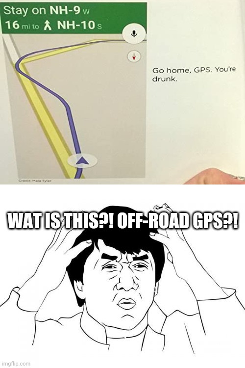 OMG! If this was an off-road GPS... | WAT IS THIS?! OFF-ROAD GPS?! | image tagged in memes,jackie chan wtf,funny,you had one job,you're drunk,gifs | made w/ Imgflip meme maker