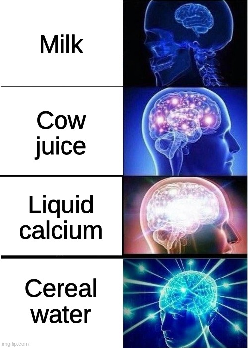 M I L K | Milk; Cow juice; Liquid calcium; Cereal water | image tagged in memes,expanding brain | made w/ Imgflip meme maker