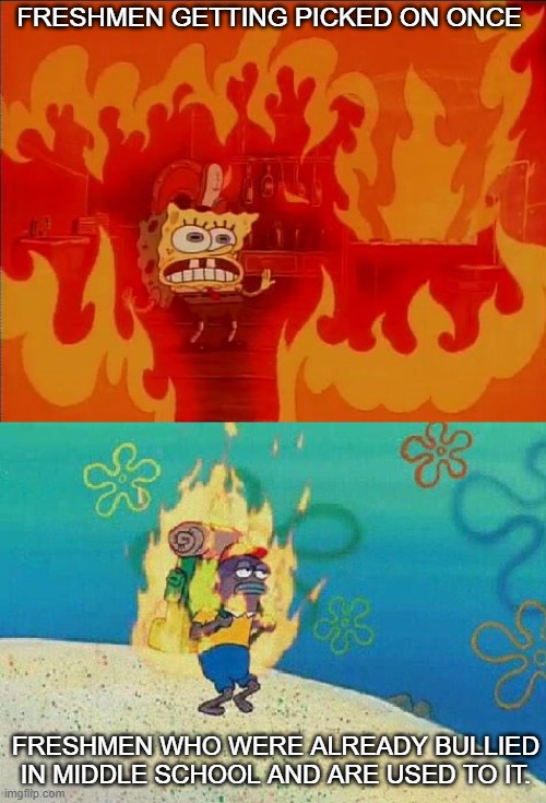 Please normalize talking about middle school traumas and not just high school ones | FRESHMEN GETTING PICKED ON ONCE; FRESHMEN WHO WERE ALREADY BULLIED IN MIDDLE SCHOOL AND ARE USED TO IT. | image tagged in spongebob fire | made w/ Imgflip meme maker