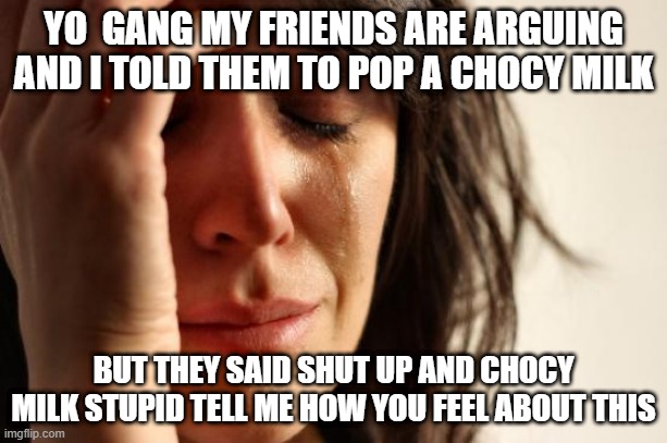 me sad and need chocy milk | YO  GANG MY FRIENDS ARE ARGUING AND I TOLD THEM TO POP A CHOCY MILK; BUT THEY SAID SHUT UP AND CHOCY MILK STUPID TELL ME HOW YOU FEEL ABOUT THIS | image tagged in memes,first world problems | made w/ Imgflip meme maker