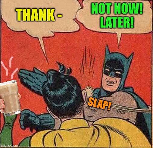 Batman Slapping Robin Meme | THANK - NOT NOW!
LATER! SLAP! | image tagged in memes,batman slapping robin | made w/ Imgflip meme maker