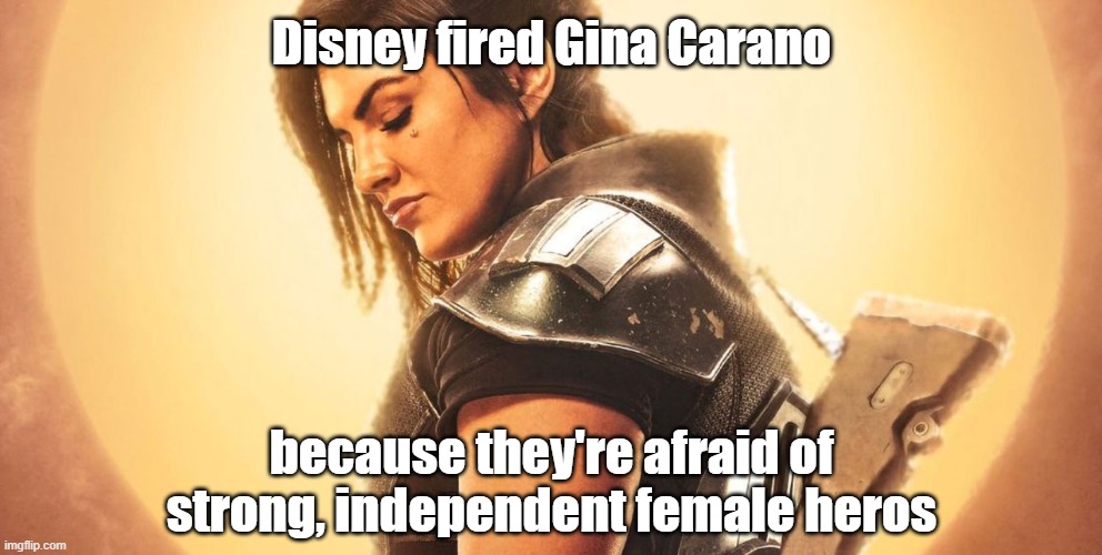 Or does that line only work for terribly written Mary Sues in a terribly written trilogy? | Disney fired Gina Carano; because they're afraid of strong, independent female heros | image tagged in memes,politics,star wars,mandalorian,disney,hypocrisy | made w/ Imgflip meme maker