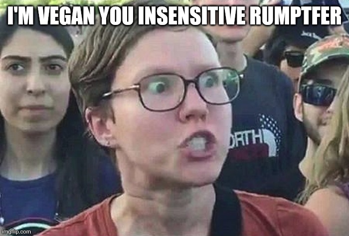 Triggered Liberal | I'M VEGAN YOU INSENSITIVE RUMPTFER | image tagged in triggered liberal | made w/ Imgflip meme maker