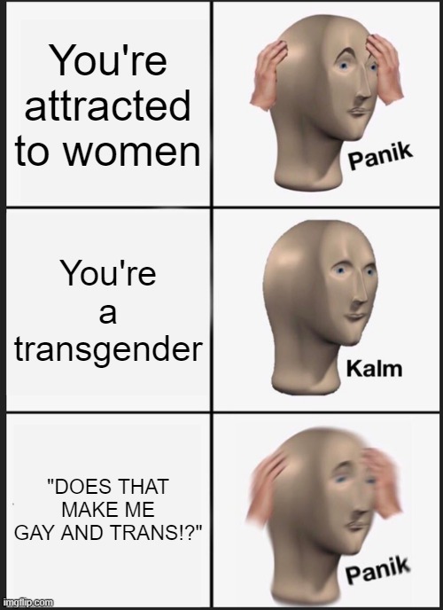 questions | You're attracted to women; You're a transgender; "DOES THAT MAKE ME GAY AND TRANS!?" | image tagged in memes,panik kalm panik | made w/ Imgflip meme maker