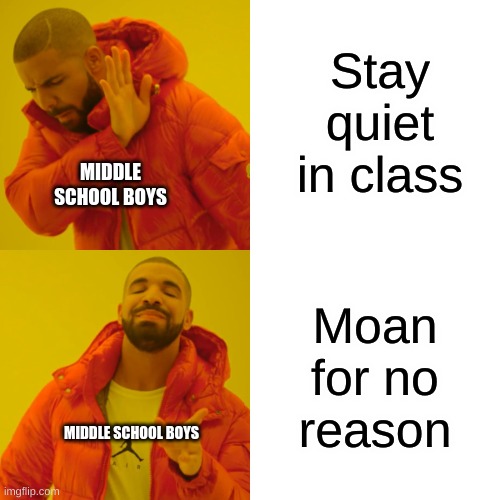 middle school boys #1 choice | Stay quiet in class; MIDDLE SCHOOL BOYS; Moan for no reason; MIDDLE SCHOOL BOYS | image tagged in memes,drake hotline bling | made w/ Imgflip meme maker