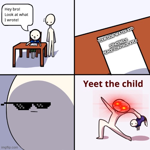 Yeet the child | YOUR DOG WATER KID
 
SINCERELY, PEACE CONTROL KYLE | image tagged in yeet the child | made w/ Imgflip meme maker