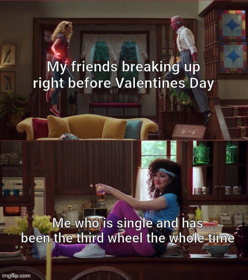 We've all been there |  My friends breaking up right before Valentines Day; Me who is single and has been the third wheel the whole time | image tagged in wanda/vision/agnes | made w/ Imgflip meme maker