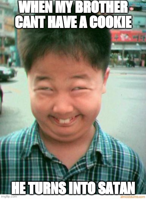 funny asian face | WHEN MY BROTHER CANT HAVE A COOKIE; HE TURNS INTO SATAN | image tagged in funny asian face | made w/ Imgflip meme maker