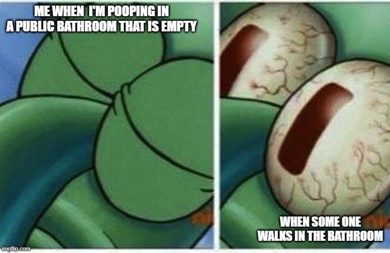 Squidward | ME WHEN  I'M POOPING IN A PUBLIC BATHROOM THAT IS EMPTY; WHEN SOME ONE WALKS IN THE BATHROOM | image tagged in squidward | made w/ Imgflip meme maker