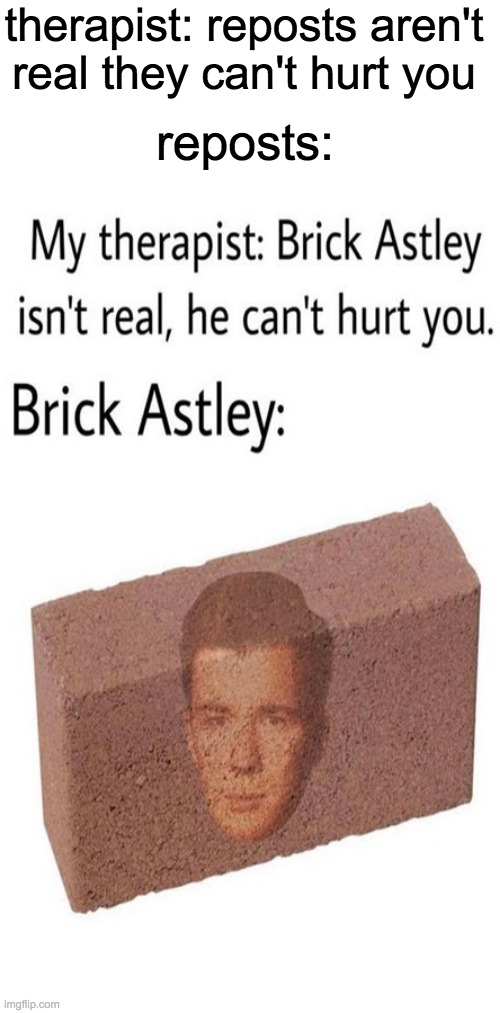 BRICK | therapist: reposts aren't real they can't hurt you; reposts: | image tagged in why hello there,lets go,talk,tags,i like,oh wow are you actually reading these tags | made w/ Imgflip meme maker
