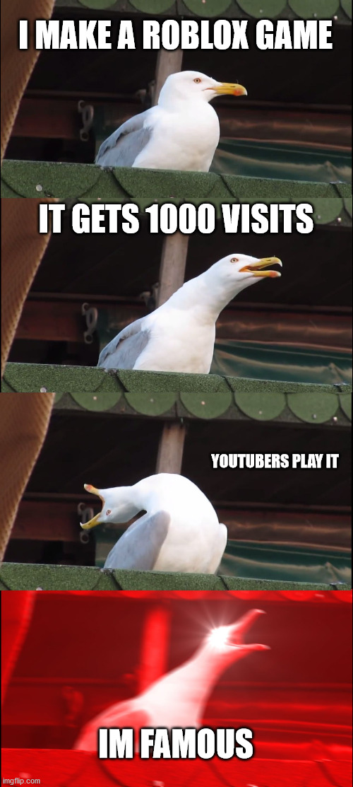 This happend to me | I MAKE A ROBLOX GAME; IT GETS 1000 VISITS; YOUTUBERS PLAY IT; IM FAMOUS | image tagged in memes,inhaling seagull | made w/ Imgflip meme maker
