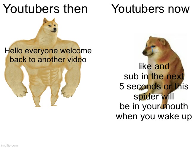 Buff Doge vs. Cheems Meme | Youtubers then; Youtubers now; Hello everyone welcome back to another video; like and sub in the next 5 seconds or this spider will be in your mouth when you wake up | image tagged in memes,buff doge vs cheems | made w/ Imgflip meme maker