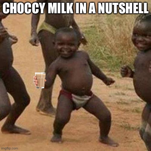 Choccy milk in a nutshell | CHOCCY MILK IN A NUTSHELL | image tagged in memes,third world success kid | made w/ Imgflip meme maker