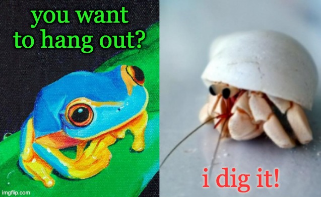 Vive la difference! | you want to hang out? i dig it! | image tagged in pets,cute,frog,crab | made w/ Imgflip meme maker