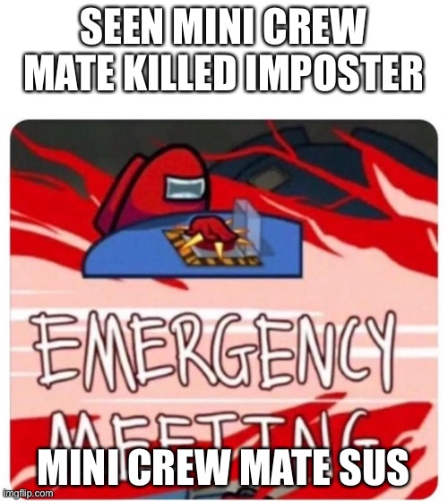 SEEN MINI CREW MATE KILLED IMPOSTER MINI CREW MATE SUS | image tagged in emergency meeting among us | made w/ Imgflip meme maker
