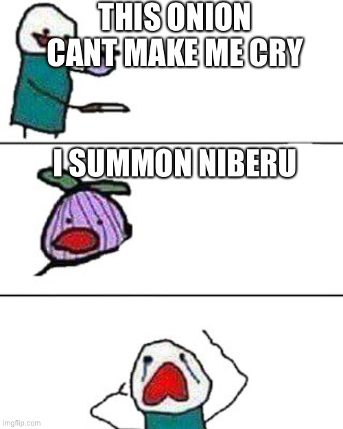 this onion won't make me cry | THIS ONION CANT MAKE ME CRY; I SUMMON NIBERU | image tagged in this onion won't make me cry | made w/ Imgflip meme maker