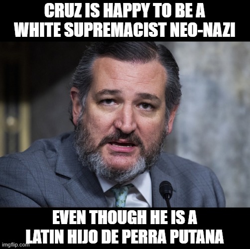 Beaner Wants To Be a Skinhead | CRUZ IS HAPPY TO BE A WHITE SUPREMACIST NEO-NAZI; EVEN THOUGH HE IS A LATIN HIJO DE PERRA PUTANA | image tagged in goya back to were you came from,scumbag,liar,traitor,trump ass-kisser,insurrection | made w/ Imgflip meme maker