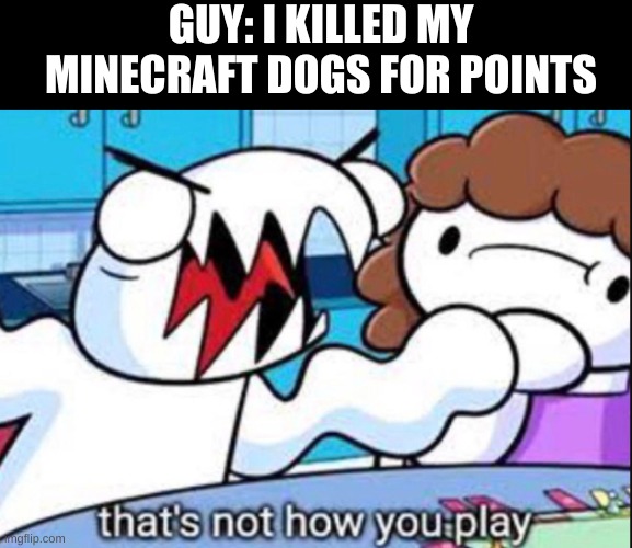 Meme | GUY: I KILLED MY MINECRAFT DOGS FOR POINTS | image tagged in minecraftt,memes,dogs,theodd1sout | made w/ Imgflip meme maker