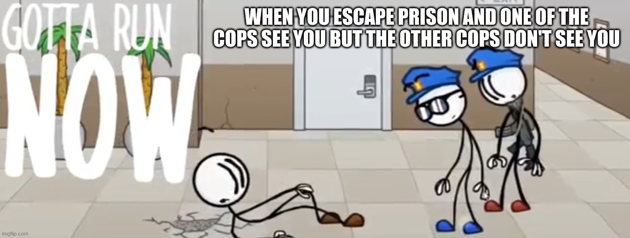 RUN | WHEN YOU ESCAPE PRISON AND ONE OF THE COPS SEE YOU BUT THE OTHER COPS DON'T SEE YOU | image tagged in gotta run now | made w/ Imgflip meme maker