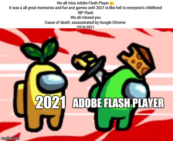 Every soul will taste death  3:185 | We all miss Adobe Flash Player 😢
It was a all great memories and fun and games until 2021 is like hell to everyone's childhood
RIP Flash
We all missed you
Cause of death: assassinated by Google Chrome 
2010-2021; ADOBE FLASH PLAYER; 2021 | image tagged in among us stab,rip flash,adobe flash,2021 | made w/ Imgflip meme maker