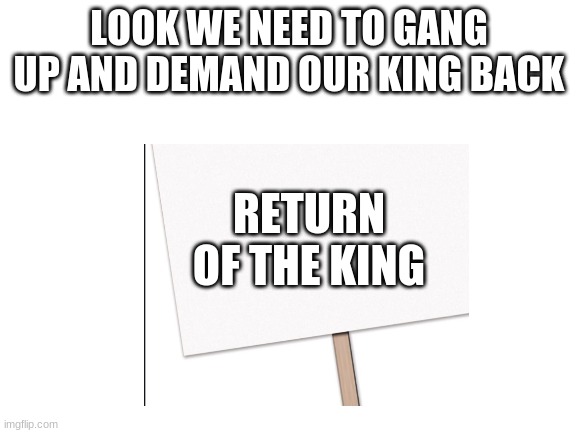 RETURN OF THE KING OF MEMES | LOOK WE NEED TO GANG UP AND DEMAND OUR KING BACK; RETURN OF THE KING | image tagged in return of the king of memes,raydog,please,come back raydog | made w/ Imgflip meme maker