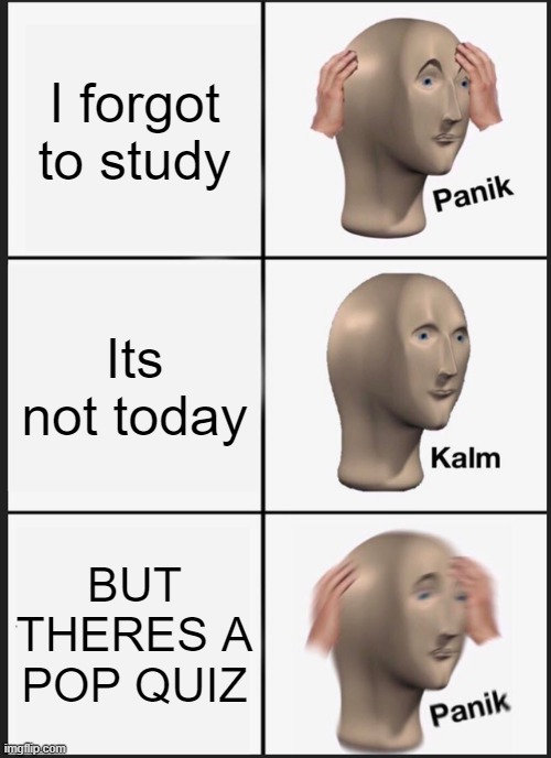 NOOOOOO |  I forgot to study; Its not today; BUT THERES A POP QUIZ | image tagged in memes,panik kalm panik,study | made w/ Imgflip meme maker