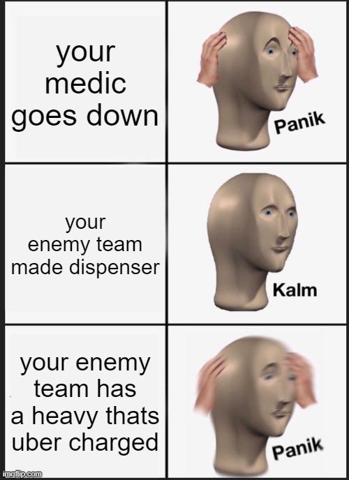 HEAVYY | your medic goes down; your enemy team made dispenser; your enemy team has a heavy thats uber charged | image tagged in memes,panik kalm panik | made w/ Imgflip meme maker