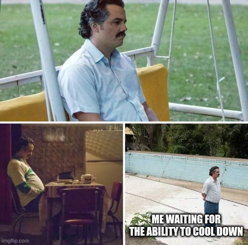 Sad Pablo Escobar Meme | ME WAITING FOR THE ABILITY TO COOL DOWN | image tagged in memes,sad pablo escobar | made w/ Imgflip meme maker