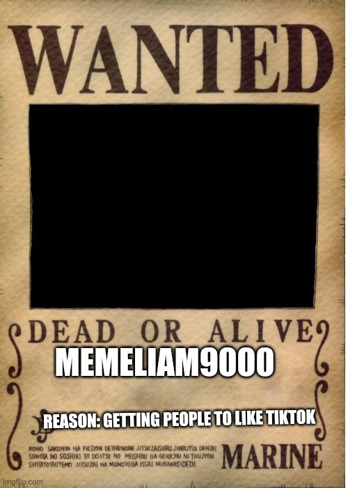 Reward: 100000 | MEMELIAM9000; REASON: GETTING PEOPLE TO LIKE TIKTOK | image tagged in one piece wanted poster template,imgflip users,tiktok,tiktok sucks | made w/ Imgflip meme maker