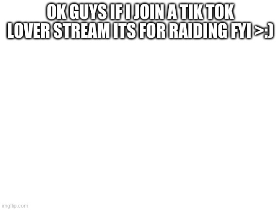 time to cause some f**king chaos |  OK GUYS IF I JOIN A TIK TOK LOVER STREAM ITS FOR RAIDING FYI >:) | image tagged in blank white template | made w/ Imgflip meme maker
