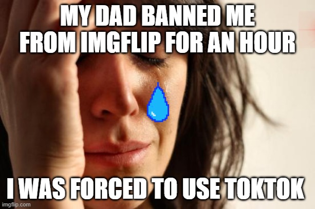 First World Problems Meme | MY DAD BANNED ME FROM IMGFLIP FOR AN HOUR; I WAS FORCED TO USE TOKTOK | image tagged in memes,first world problems,tik tok sucks,oof,imgflip | made w/ Imgflip meme maker