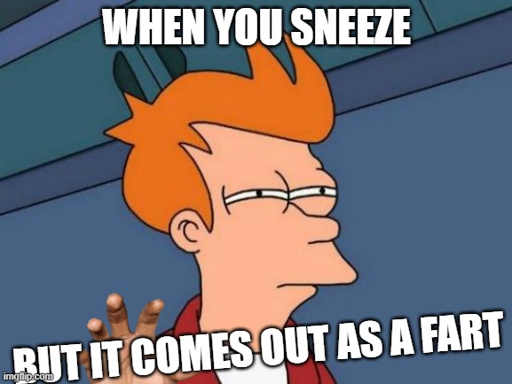 I wanna sneeze | WHEN YOU SNEEZE; BUT IT COMES OUT AS A FART | image tagged in memes,futurama fry | made w/ Imgflip meme maker