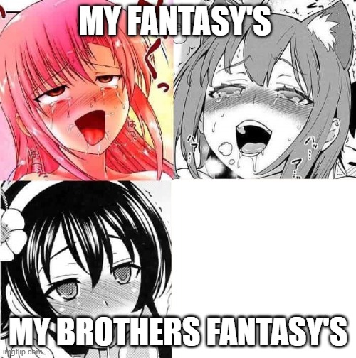 Hentai Faces | MY FANTASY'S; MY BROTHERS FANTASY'S | image tagged in hentai faces | made w/ Imgflip meme maker