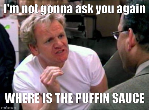 Gordon Ramsay | I'm not gonna ask you again WHERE IS THE PUFFIN SAUCE | image tagged in gordon ramsay | made w/ Imgflip meme maker