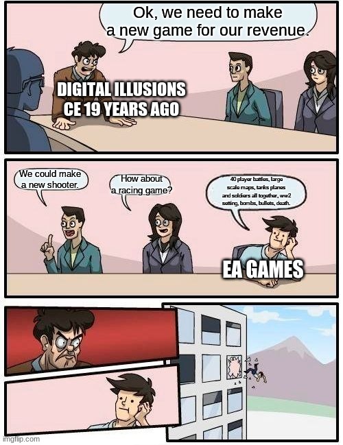 Boardroom Meeting Suggestion Meme | Ok, we need to make a new game for our revenue. DIGITAL ILLUSIONS CE 19 YEARS AGO; How about a racing game? We could make a new shooter. 40 player battles, large scale maps, tanks planes and soldiers all together, ww2 setting, bombs, bullets, death. EA GAMES | image tagged in memes,boardroom meeting suggestion,battlefield | made w/ Imgflip meme maker