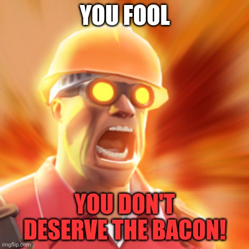 TF2 Engineer | YOU FOOL YOU DON'T DESERVE THE BACON! | image tagged in tf2 engineer | made w/ Imgflip meme maker