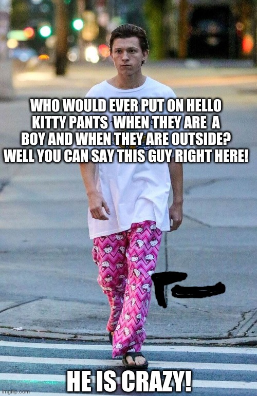 funny meme | WHO WOULD EVER PUT ON HELLO KITTY PANTS  WHEN THEY ARE  A BOY AND WHEN THEY ARE OUTSIDE? WELL YOU CAN SAY THIS GUY RIGHT HERE! HE IS CRAZY! | image tagged in tom holland rocks hello kitty pajama pants | made w/ Imgflip meme maker