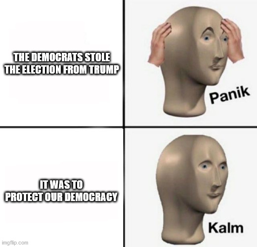 panik kalm | THE DEMOCRATS STOLE THE ELECTION FROM TRUMP; IT WAS TO PROTECT OUR DEMOCRACY | image tagged in panik kalm | made w/ Imgflip meme maker