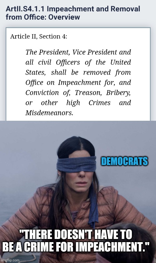 The constitution is whatever we want it to be. | DEMOCRATS; "THERE DOESN'T HAVE TO BE A CRIME FOR IMPEACHMENT." | image tagged in memes,bird box,impeachment | made w/ Imgflip meme maker