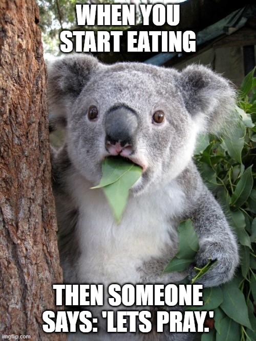 me meme | WHEN YOU START EATING; THEN SOMEONE SAYS: 'LETS PRAY.' | image tagged in memes,surprised koala | made w/ Imgflip meme maker