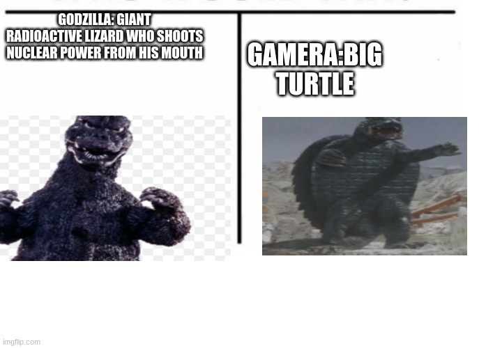 comparison table | GAMERA:BIG TURTLE; GODZILLA: GIANT RADIOACTIVE LIZARD WHO SHOOTS NUCLEAR POWER FROM HIS MOUTH | image tagged in comparison table | made w/ Imgflip meme maker