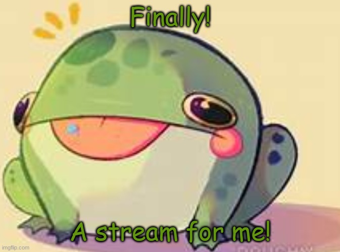 Doesn't cause allergies, just death by Cuteness Overload | Finally! A stream for me! | image tagged in frog,cute-no-sneeze | made w/ Imgflip meme maker