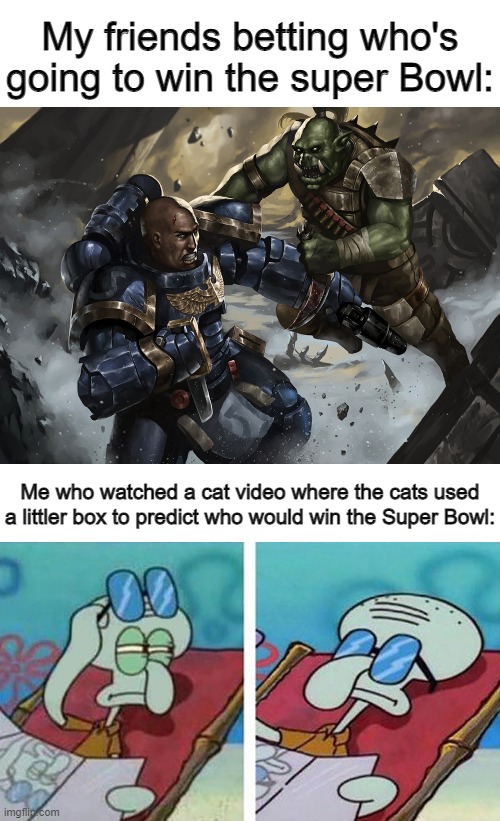 For anyone curious, it was from the YouTube channel, Cole and Marmalade | My friends betting who's going to win the super Bowl:; Me who watched a cat video where the cats used a littler box to predict who would win the Super Bowl: | image tagged in space marine fighting a ork while squidward doesn't care,cats,super bowl | made w/ Imgflip meme maker