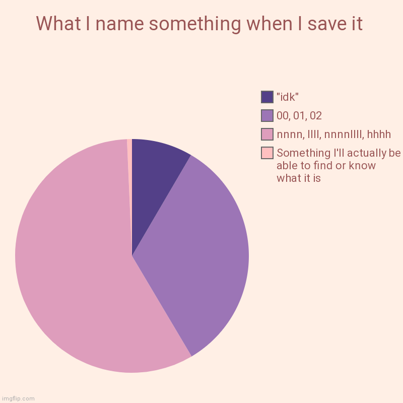 What I name something when I save it | Something I'll actually be able to find or know what it is, nnnn, llll, nnnnllll, hhhh, 00, 01, 02, " | image tagged in charts,pie charts | made w/ Imgflip chart maker