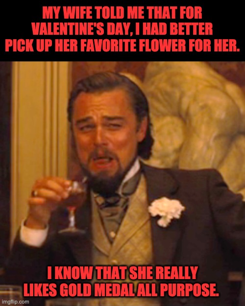 Flower | MY WIFE TOLD ME THAT FOR VALENTINE'S DAY, I HAD BETTER PICK UP HER FAVORITE FLOWER FOR HER. I KNOW THAT SHE REALLY LIKES GOLD MEDAL ALL PURPOSE. | image tagged in memes,laughing leo | made w/ Imgflip meme maker